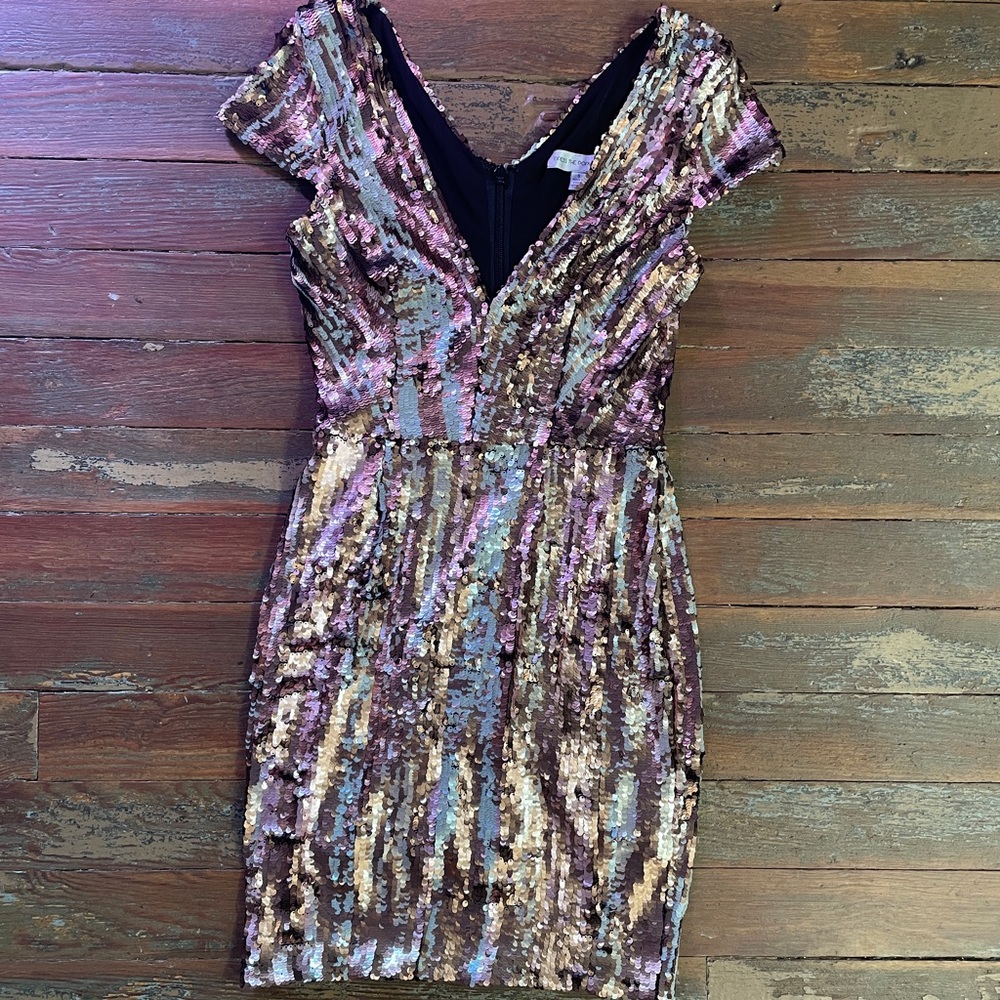 Dress the Population Zoe Dimensional Sequin Plunge Mini Dress Sz S 🧡🎀 - Picture 9 of 13